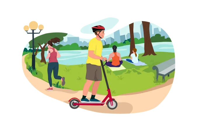 Junge genießt Rollerfahrt im Park  Illustration