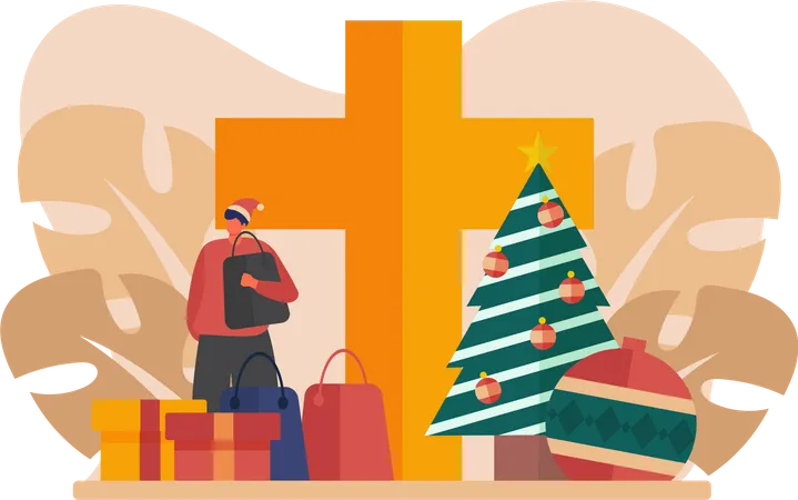 Junge genießt Weihnachten und macht Einkäufe  Illustration