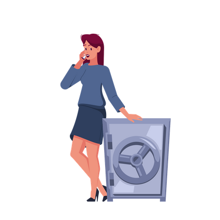 Junge Geschäftsfrau Gespräch am Handy in der Nähe von Safe  Illustration