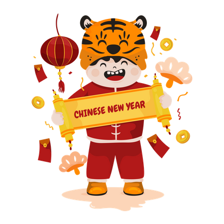 Junge hält Banner zum chinesischen Neujahr  Illustration
