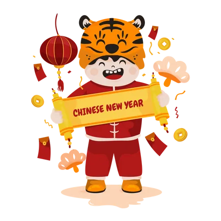 Junge hält Banner zum chinesischen Neujahr  Illustration