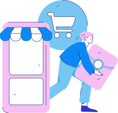 Junge hält beim Online-Shopping Deckung in der Hand  Illustration