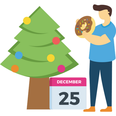 Junge hält Donut in der Nähe des Weihnachtsbaums  Illustration