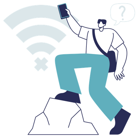 Junge hält Handy in der Hand, obwohl er kein WLAN-Signal empfängt  Illustration