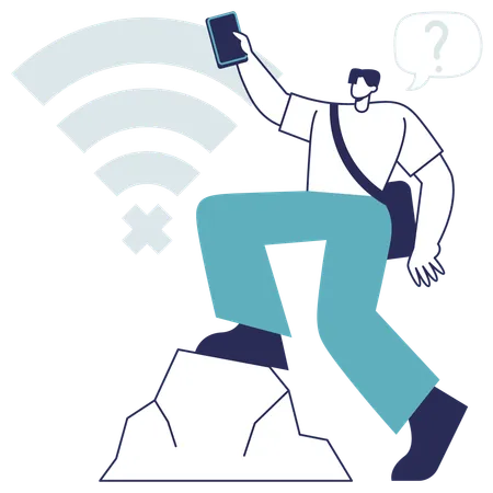 Junge hält Handy in der Hand, obwohl er kein WLAN-Signal empfängt  Illustration