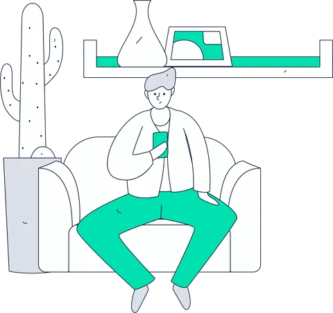 Junge hält Handy während eines Online-Meetings auf dem Handy  Illustration