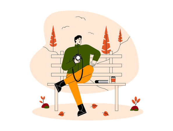 Junge mit Kamera sitzt auf Parkbank  Illustration