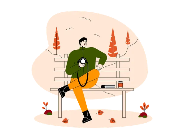 Junge mit Kamera sitzt auf Parkbank  Illustration