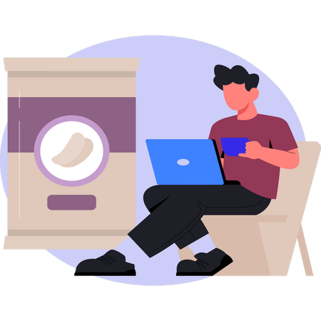 Junge hält Tasse und arbeitet am Laptop  Illustration