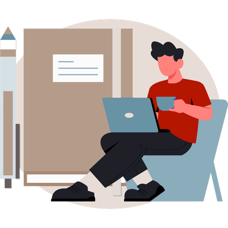 Junge hält tee und verwendet laptop  Illustration