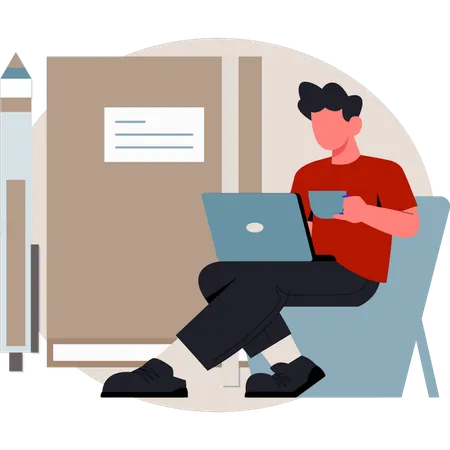 Junge hält tee und verwendet laptop  Illustration