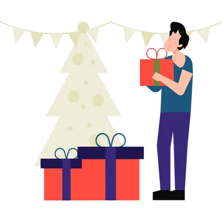 Junge der weihnachtsgeschenk hält  Illustration