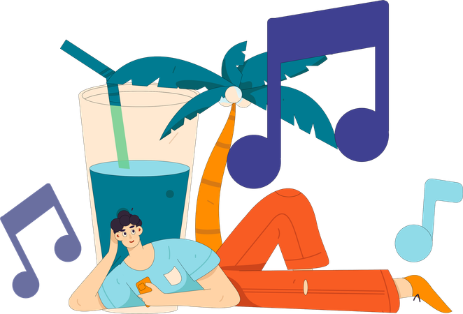 Junge hört Musik im Urlaub  Illustration