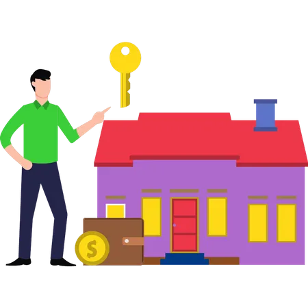 Junge investiert Geld in den Kauf eines Hauses  Illustration