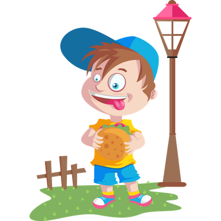 Junge isst Burger im Park  Illustration