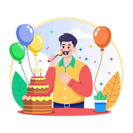 Junge isst Geburtstagskuchen  Illustration