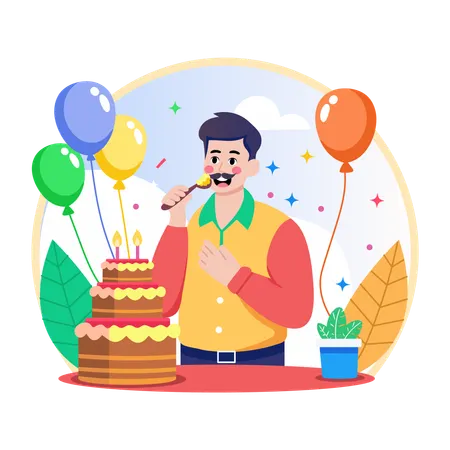 Junge isst Geburtstagskuchen  Illustration
