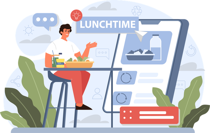 Junge isst in der Pause gesundes Mittagessen  Illustration