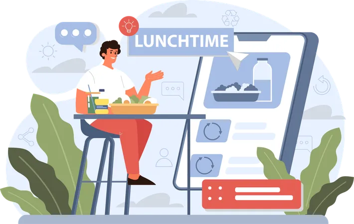 Junge isst in der Pause gesundes Mittagessen  Illustration