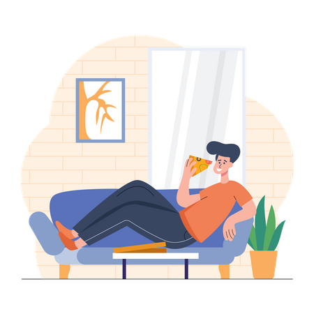 Junge isst Pizza auf dem Sofa  Illustration