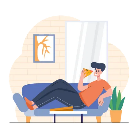 Junge isst Pizza auf dem Sofa  Illustration