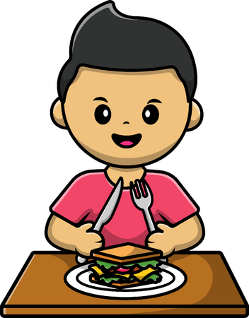 Junge isst Sandwich mit Gabel und Messer auf dem Tisch  Illustration