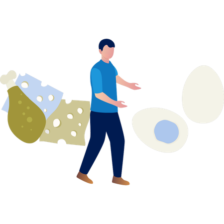 Junge kauft Eier, Käse und Fleisch  Illustration