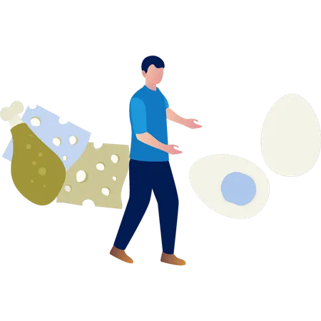 Junge kauft Eier, Käse und Fleisch  Illustration