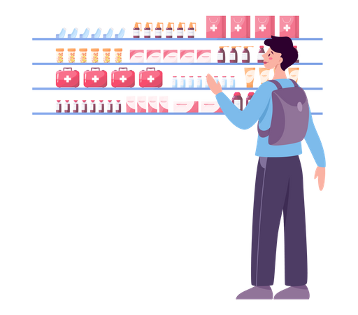 Junge kauft Medikamente im Sanitätshaus  Illustration