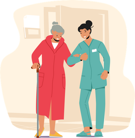 Junge Krankenschwester hilft alter Frau  Illustration