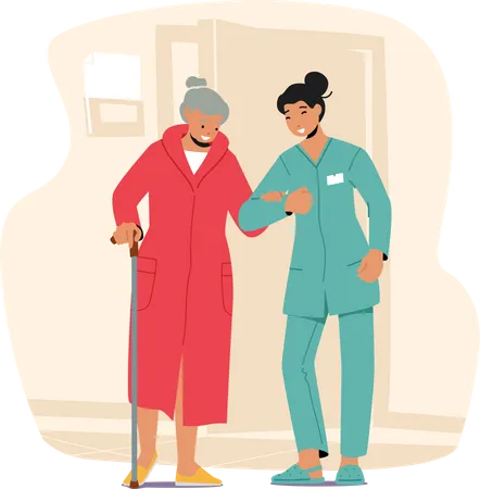 Junge Krankenschwester hilft alter Frau  Illustration