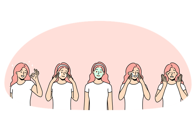 Junge lächelnde Frau mit Hautakneproblemen, die Maske und Creme aufträgt und eine gesunde, glänzende Haut hat  Illustration