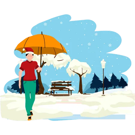 Junge läuft mit Regenschirm im Schnee  Illustration