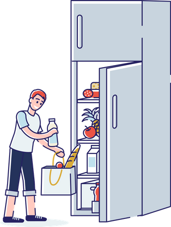 Junge legt Waren in den Kühlschrank  Illustration