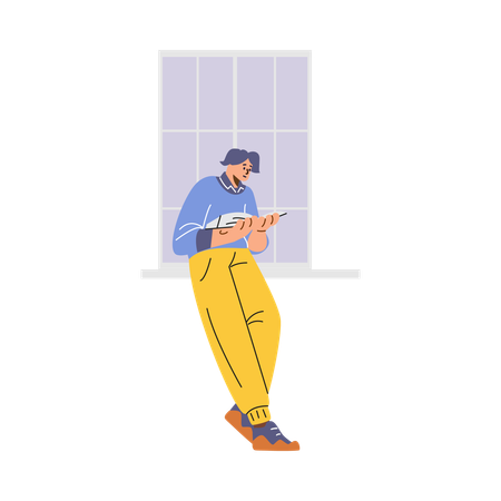 Junge lehnt mit Buch an der Wand neben großem Fenster  Illustration