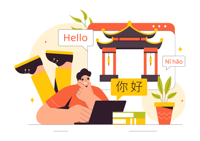 Junge lernt Chinesisch am Laptop  Illustration