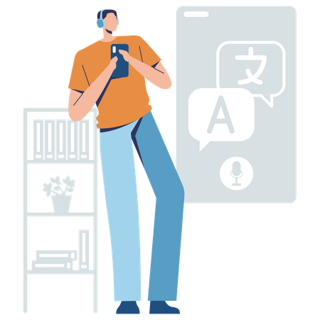 Junge lernt Fremdsprache mit mobiler App  Illustration