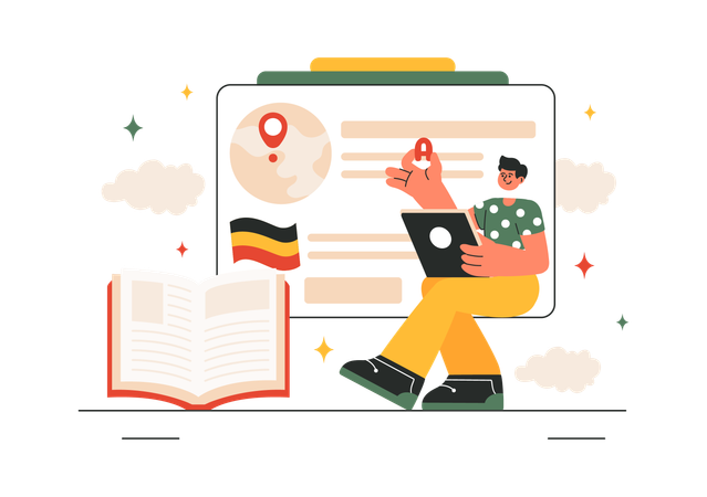 Junge lernt Fremdsprache online im Internet  Illustration