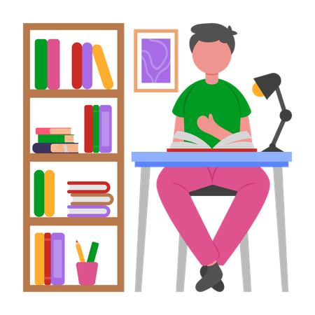 Junge studiert in der Bibliothek  Illustration