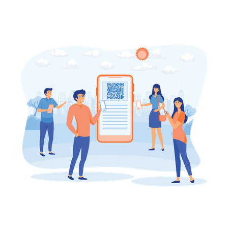 Junge Leute scannen Barcodes mit mobilen Smartphones beim Online-Shopping  Illustration