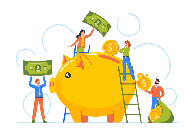 Junge Leute stecken Geld in riesiges Sparschwein  Illustration