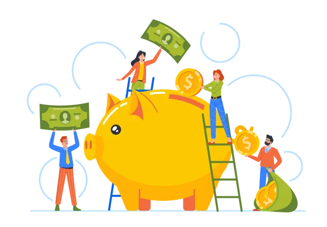 Junge Leute stecken Geld in riesiges Sparschwein  Illustration