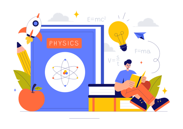 Junge liest aus Physikbuch  Illustration