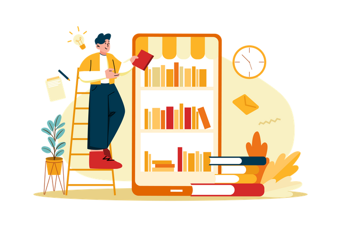 Junge liest Buch aus Online-Bibliothek  Illustration