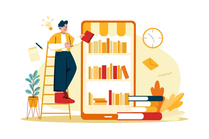 Junge liest Buch aus Online-Bibliothek  Illustration