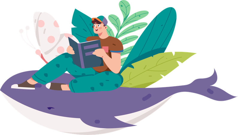 Junge liest Buch im Garten  Illustration