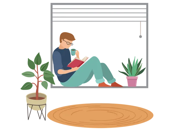 Junge liest Buch im Haus  Illustration