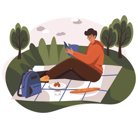 Junge liest Buch im Park  Illustration