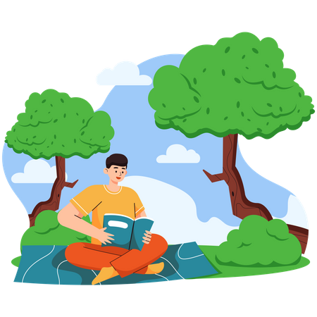 Junge liest Buch im Park  Illustration