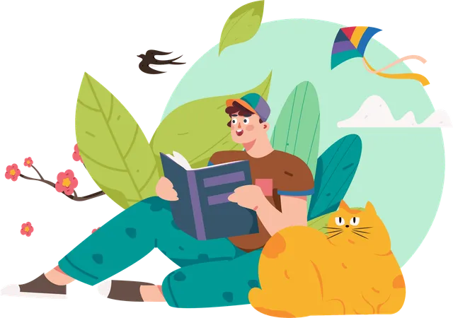 Junge liest Buch im Park mit Katze  Illustration